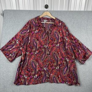 Catherines Shirt Womens 3X 26/28W Red Pink Paisley Floral Button Up Top Blouse